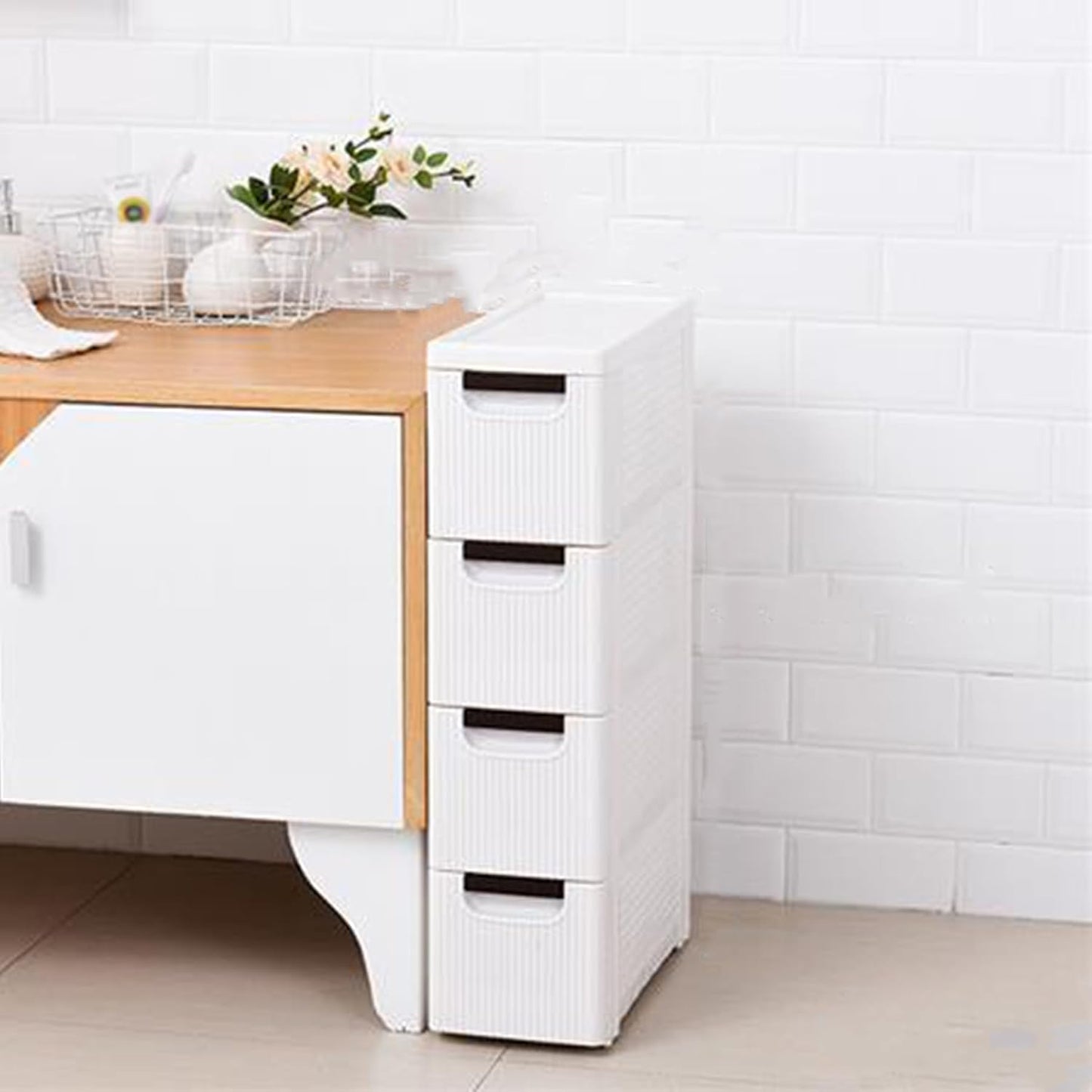 3 Drawers Slim Bathroom Storage Cabinet,Narrow Plastic Storage Cart,Rolling Dresser on Wheels for Bedroom,Living Room,Bathroom,Kitchen