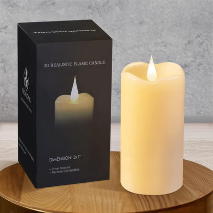 TECHLONG Flameless Candles with Remote Timer, 3D Moving Flickering Flame Battery Operated Candles Lasting 1000+ Hours, 3" x 5" Ivory Real Wax Electric LED Pillar Candles, Set of 2