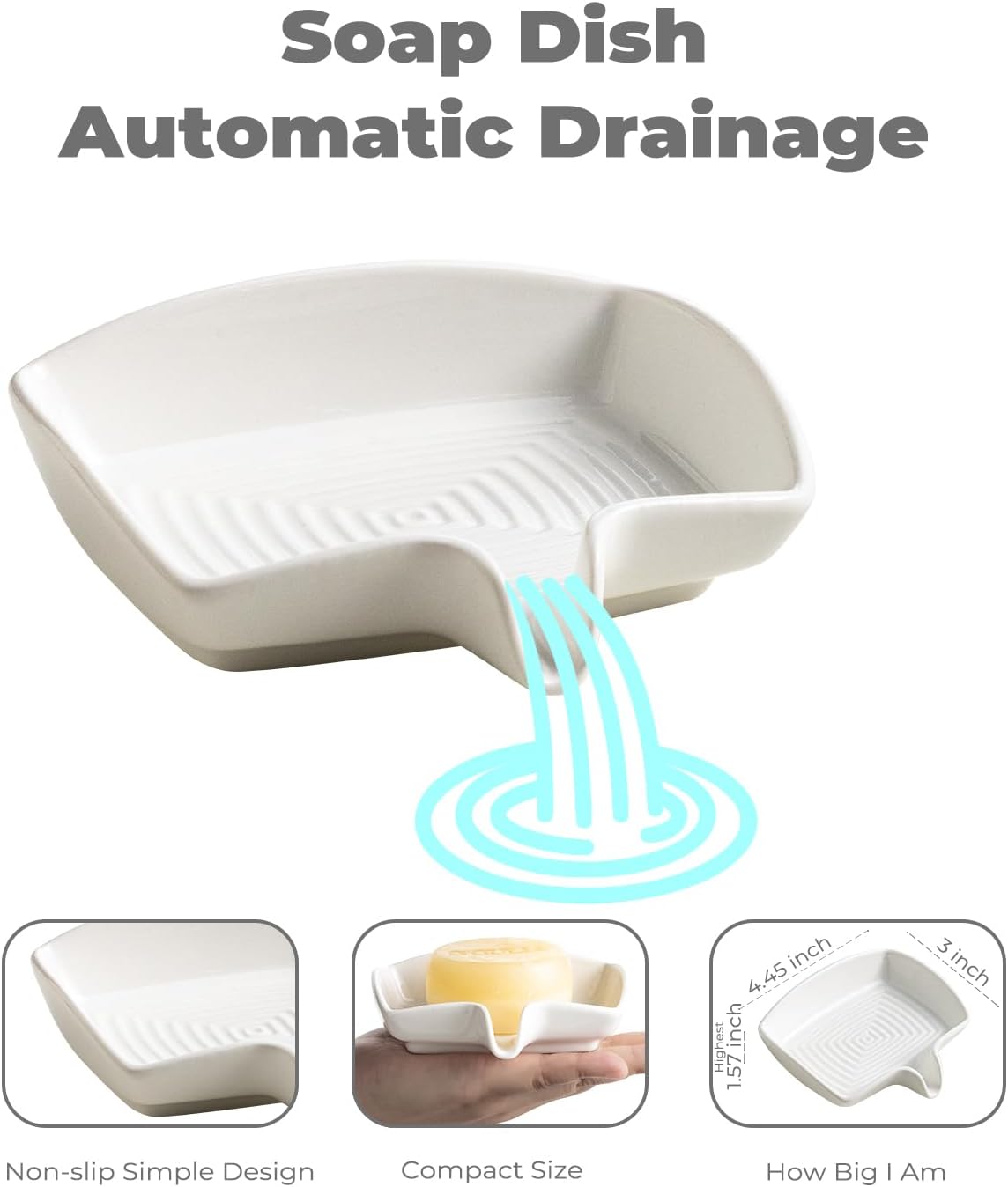 Self Draining Soap Dish, Ceramic Drain Soap Holder Waterfall Design Soap Saver for Shower, Bathroom, Sink, Kitchen and Countertop, Keeps Dry, Green