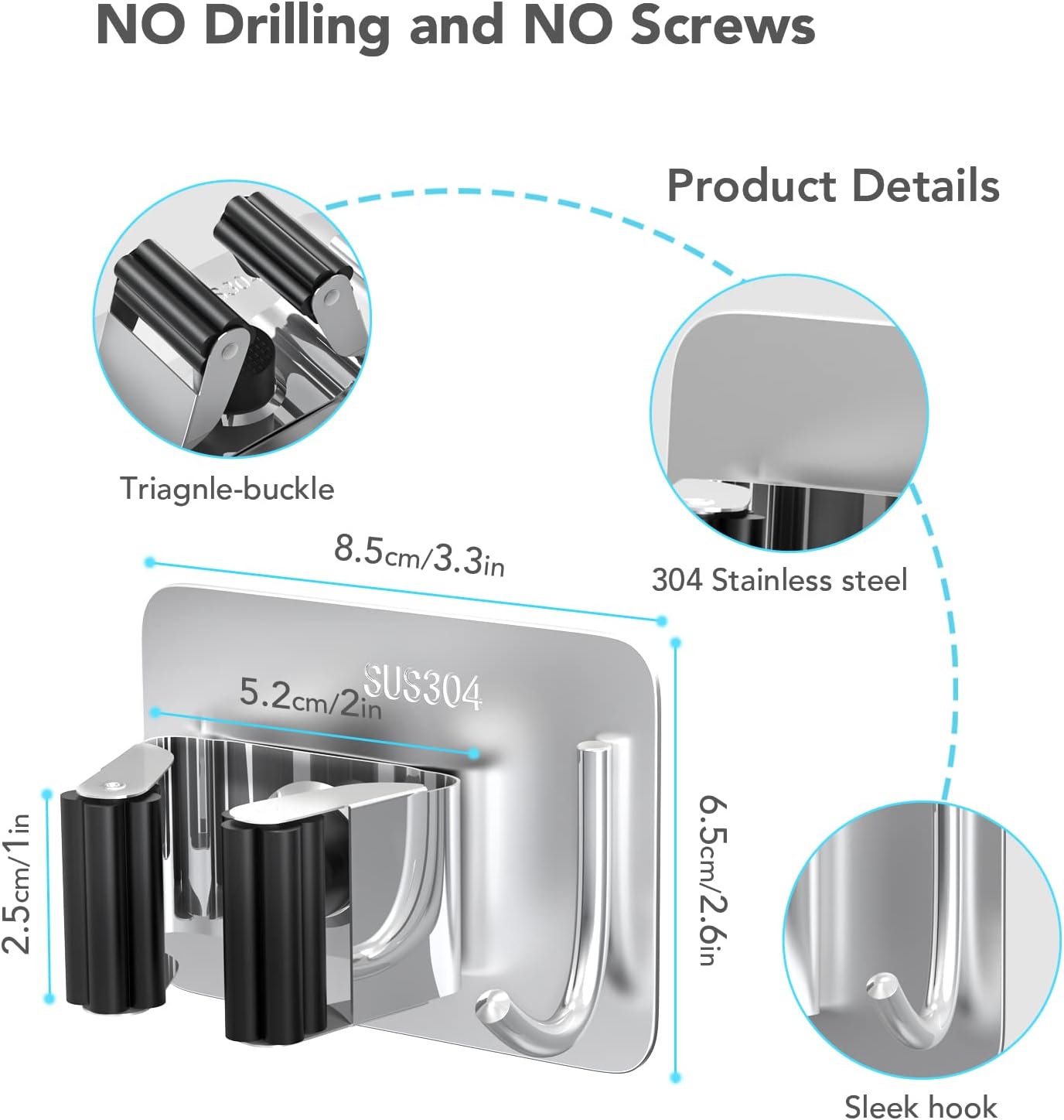 homeasy Mop Broom Holder No Drill, Mop Broom Organizer Wall Mounted Heavy Duty with Hooks Hanger, Self Adhesive Stainless Steel 4Pcs for Bathroom, Kitchen, Office (Silver)