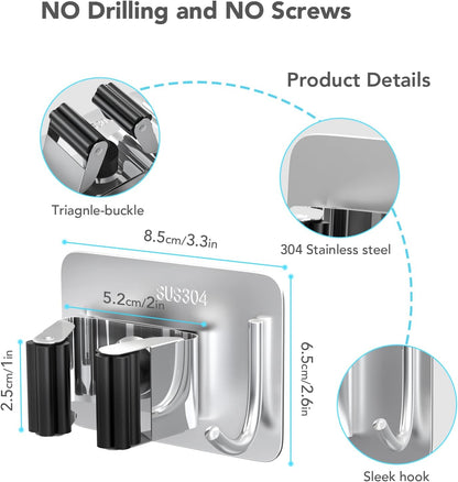 homeasy Mop Broom Holder No Drill, Mop Broom Organizer Wall Mounted Heavy Duty with Hooks Hanger, Self Adhesive Stainless Steel 4Pcs for Bathroom, Kitchen, Office (Silver)