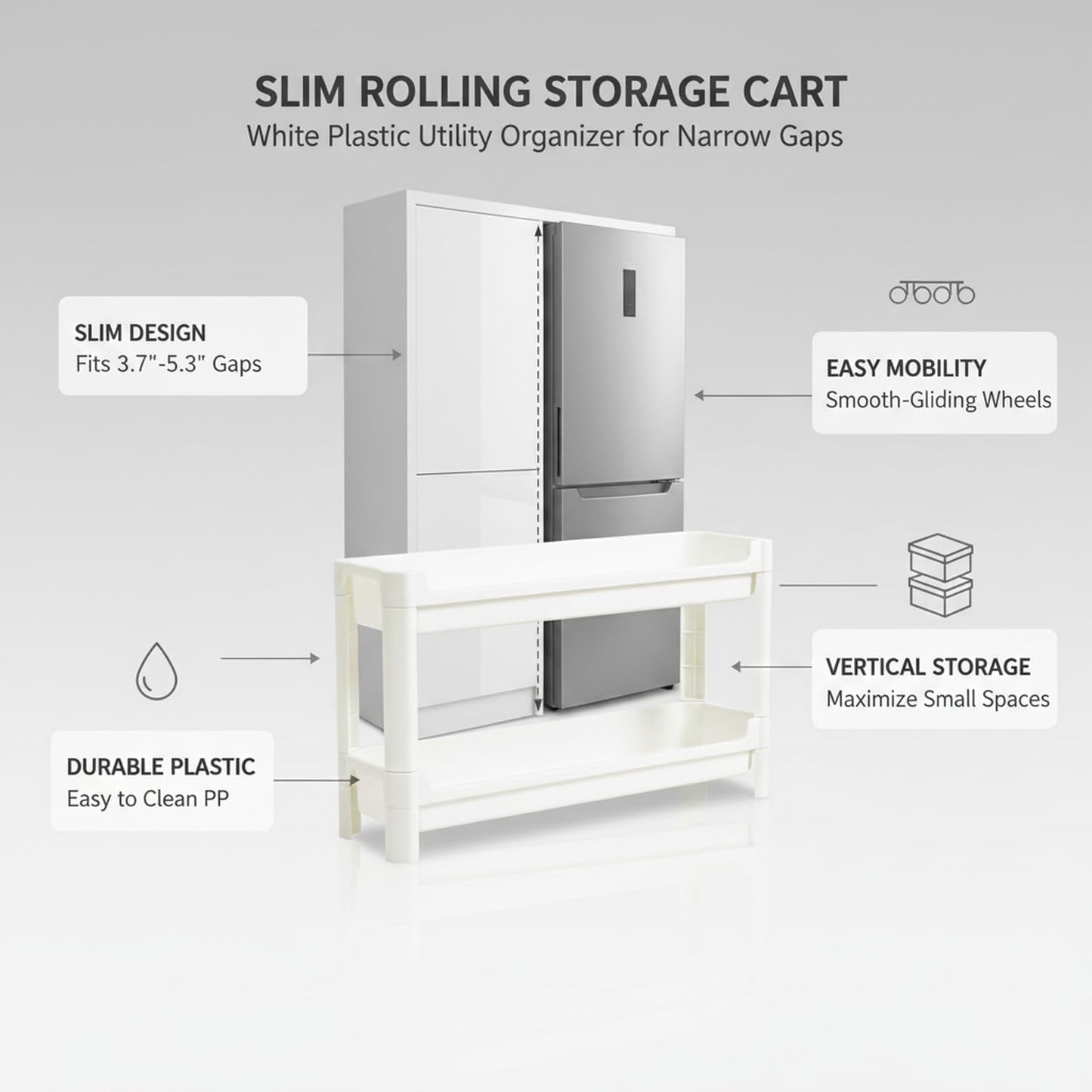 Slim Rolling Storage Cart, White | Plastic Utility Organizer, With Wheels, For Narrow Gaps, Kitchen and Bathroom