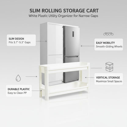 Slim Rolling Storage Cart, White | Plastic Utility Organizer, With Wheels, For Narrow Gaps, Kitchen and Bathroom