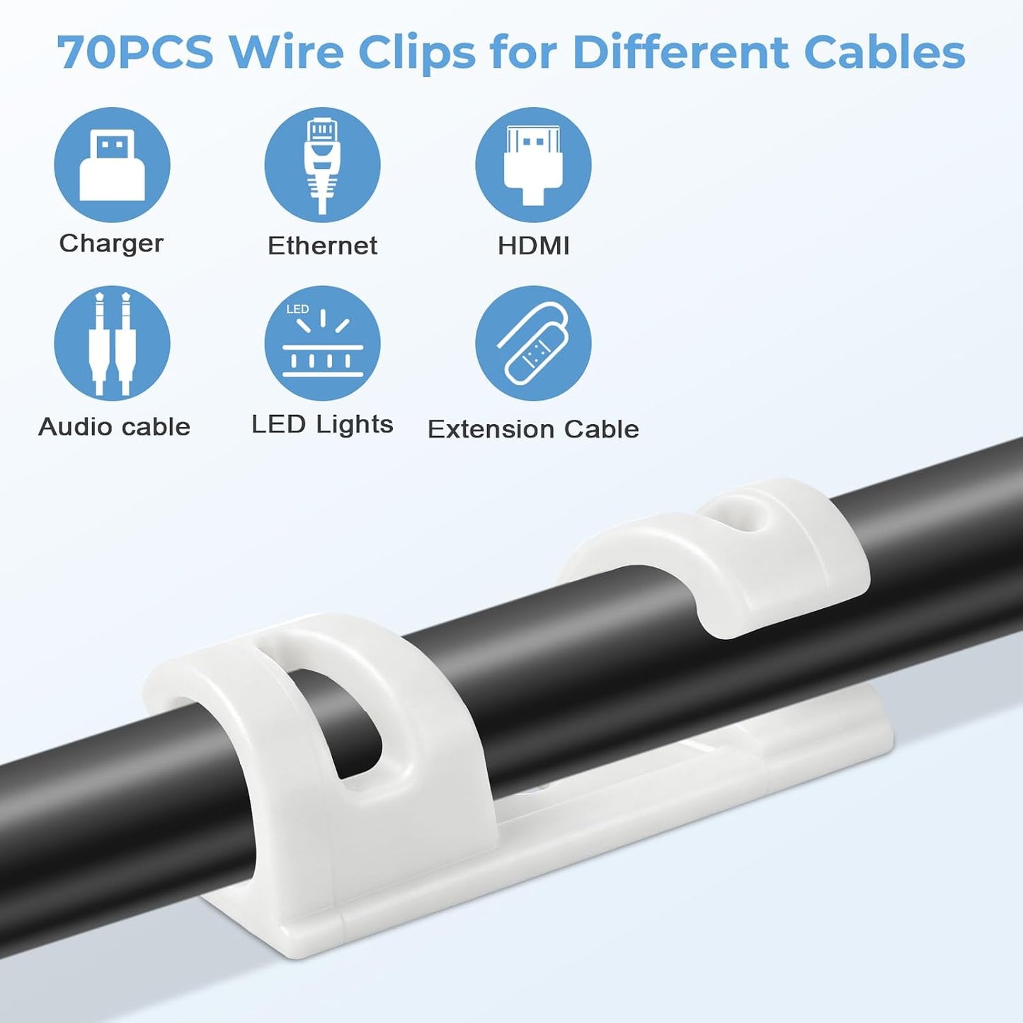 VIPMOON 70Pcs Self Adhesive Bendable Cable Clips, Screw Mountable Wire Organizer, Wire Management Clips for Car Desk Home Office TV PC Ethernet Cables, Fits 5-7mm Diameter Cables, Black