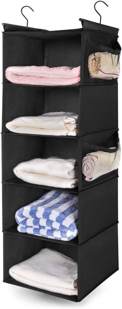 MAX Houser 4-Shelf Hanging Closet Organizer, Space Saver, Cloth Hanging Shelves with 2 Side Pockets, Foldable (Beige)