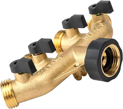 CUMIZON Solid Brass Garden Hose Splitter, 2 Way | Long Handle, 3/4" Standard Threads, Leak-Proof Dual Outlet, Heavy Duty Y Splitter, For Sprinklers and Irrigation Systems