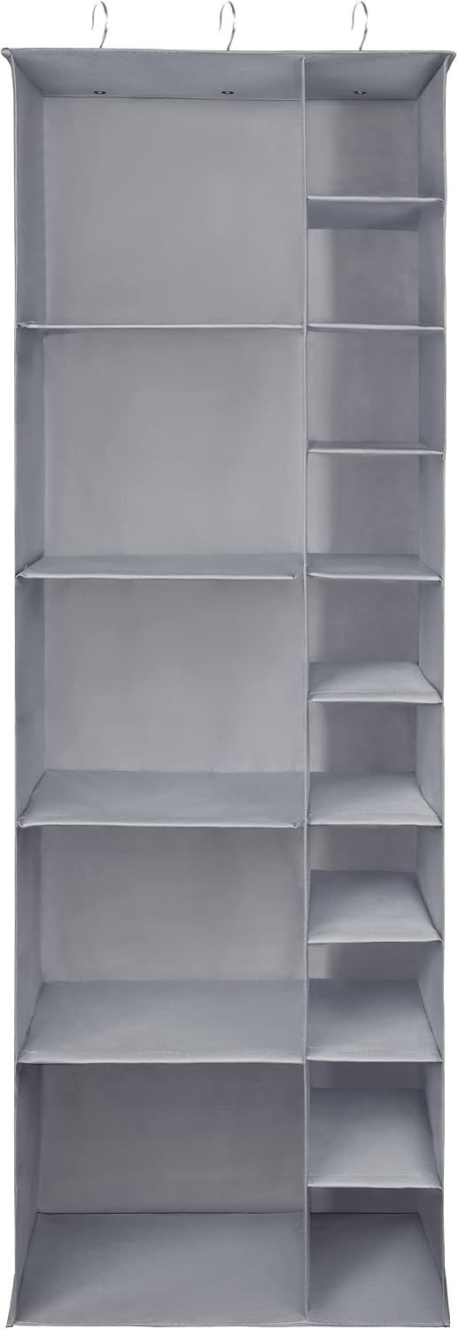 Libeder Shoe Organizer for Closet, 15 Shelf Hanging Closet Storage Shelves - 10 Shoe Rack Organizer and 5 Compartment for Clothes with 6 Side Mesh Pockets for Scarves Socks,Gloves, Grey