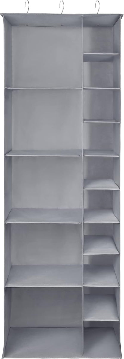 Libeder Shoe Organizer for Closet, 15 Shelf Hanging Closet Storage Shelves - 10 Shoe Rack Organizer and 5 Compartment for Clothes with 6 Side Mesh Pockets for Scarves Socks,Gloves, Grey