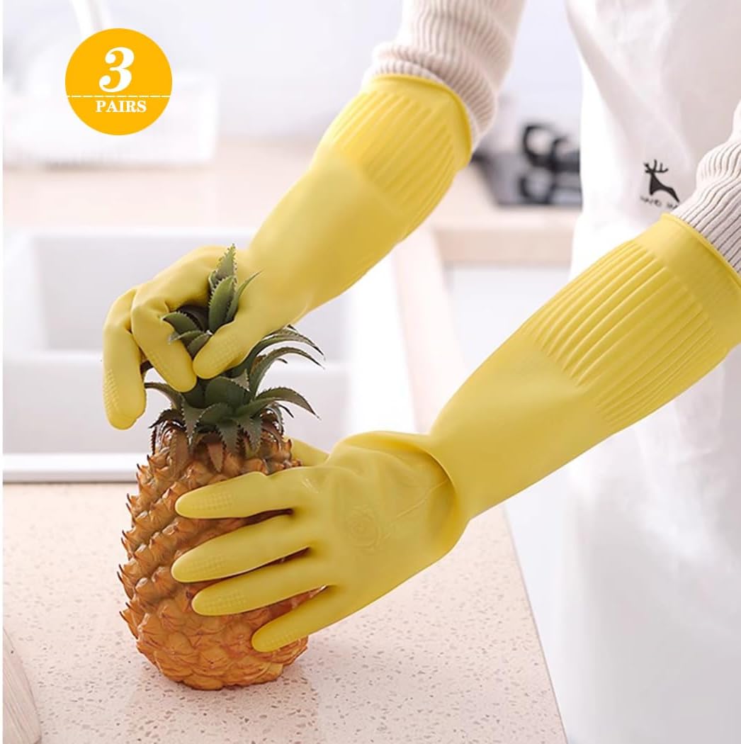 3-Pair 17.8-Inch Elbow-Length Reusable Rubber Waterproof Household Cleaning and Kitchen Dishwashing Gloves - Medium Size