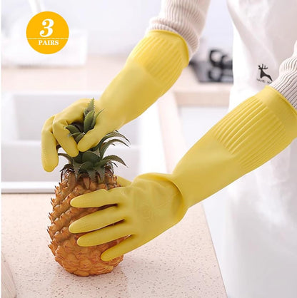 3-Pair 17.8-Inch Elbow-Length Reusable Rubber Waterproof Household Cleaning and Kitchen Dishwashing Gloves - Medium Size