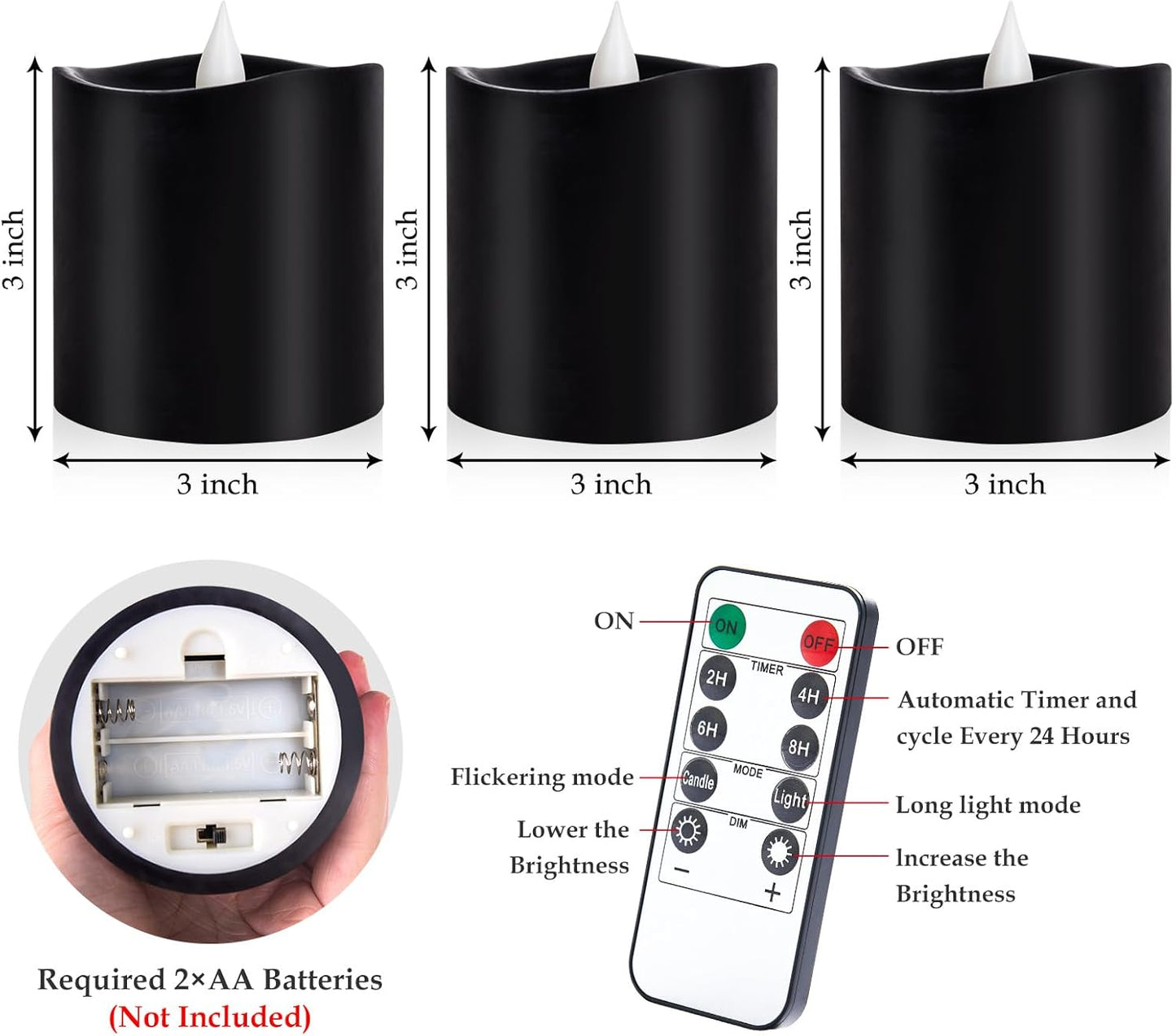 3"x4" Flickering Flameless Battery Candles with Timer, White Realistic LED Pillar Candles, Set of 2 Large Remote-Operated Candles for Home Indoor/Outdoor & Holiday Decor