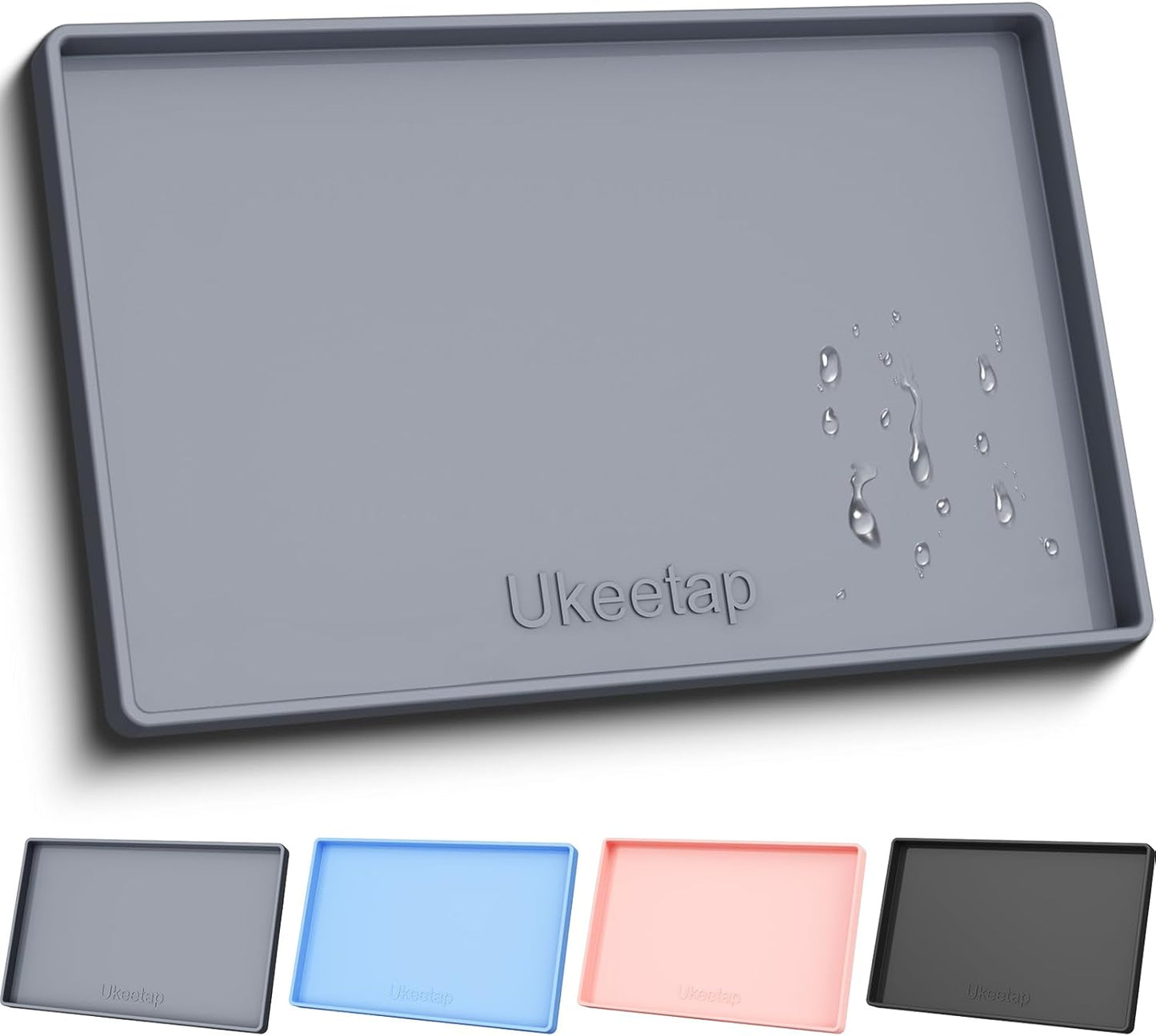 ukeetap Extra Thick Silicone Mat Waterproof with Raised Edge 19” x 12”, BPA Free Non-Slip Dog & Cat Food Mat, Feeding Mat for Food and Water Bowls, Spill Proof Mat to Protect Floors, Black