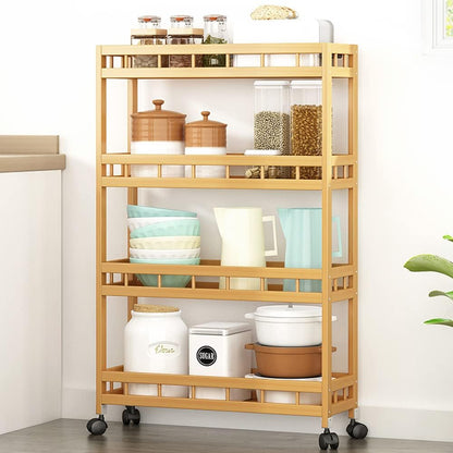 4-Tier Bamboo Kitchen Rolling Cart Removable Wood Trolley Island Cart, Utility Cart Multi-Layer Storage Shelf Rack on Wheels (19.7" L X 7.1" W X37.8 H)