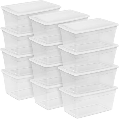 Sterilite 6 Pack Storage Box, 41 Quart Stackable Tote, Clear Plastic Container with Secure Snapping White Lids for Home and Office Organization