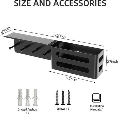 MKO Key Holder Wall Mount, Key Holder Wall Mount Adhesive with Mail Organizer Tray with 6 Key Hooks for Wall, Black