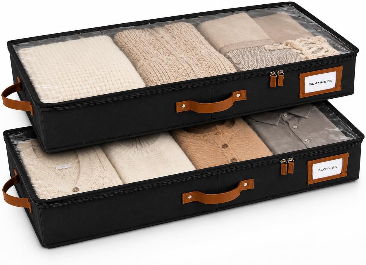 HOMELUX THEORY 2pc Low Profile Under Bed Storage Containers, Thin Under Couch Storage Organizer with Bins & Lids, Underbed Storage Box Ideal for Seasonal Clothes, Blankets, Fabric & Shoes (Ivory)