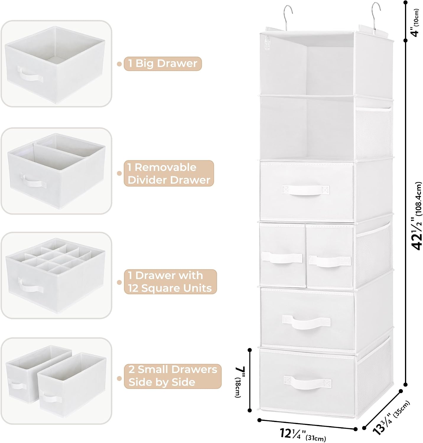 GRANNY SAYS Hanging Closet Organizer 6 Shelves, Closet Organizers and Storage with 5 Drawers, 6 Side Pockets Closet Hanging Organizer, Hanging Storage Organizer for Closet, Baby Clothes, Gray