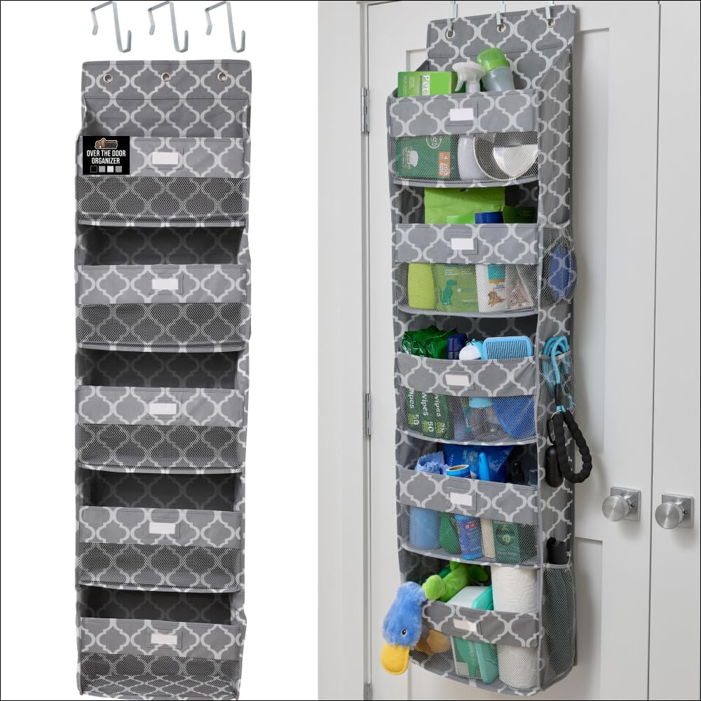 GORILLA GRIP Over the Door Shoe Organizer, 24 Large Breathable Mesh Pockets, Space Saving Hanging Storage Holder, Closet Rack Hanger Holds Up to 40 lbs, Hangs on Closets for Shoes, Accessories, Grey