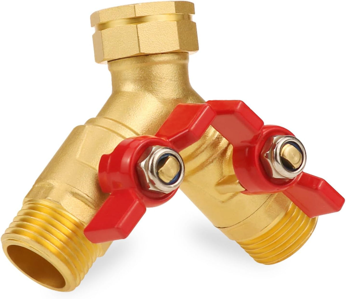 Angry Pony Spigot Splitter 2 Way, GHT 3/4 Hose Bib Splitter for Spigot | for Garden/Lawn/Patio Watering Task,Solid Brass,Individual Shutoff,Dual Hose Splitter,Wide Flow Port,Easy to Install