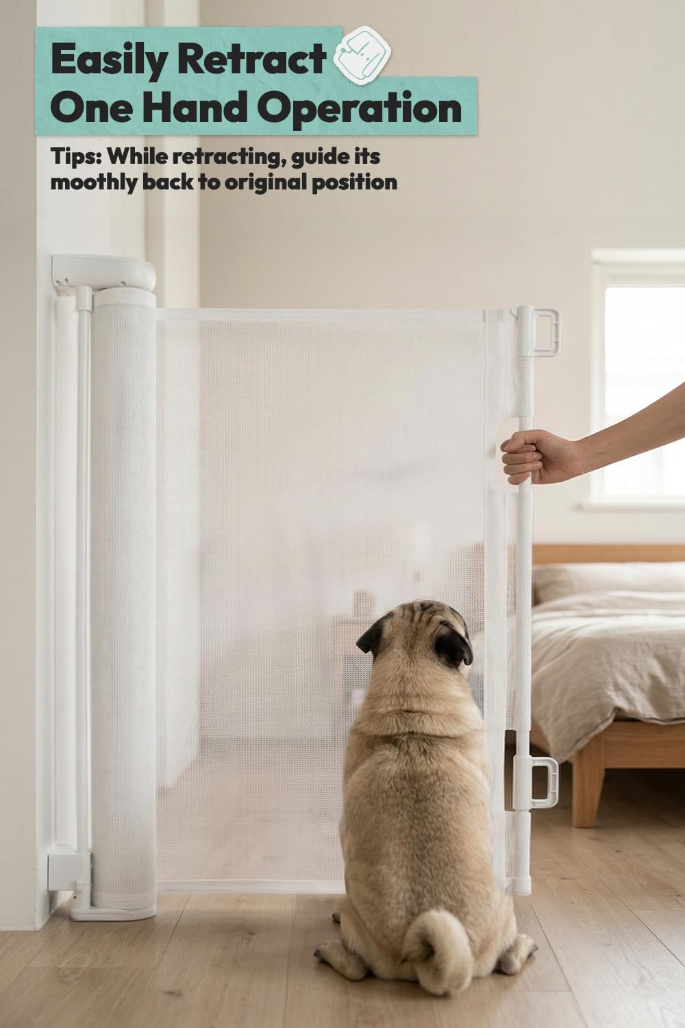 15.7" H Mesh Short Dog Gate, Extends Up to 59" W Retractable Pet Gate with Drill Installation, Small Dog Gate for Stairs, Easy Step Over Low Puppy Gate for Doorways Indoor Outdoor, White