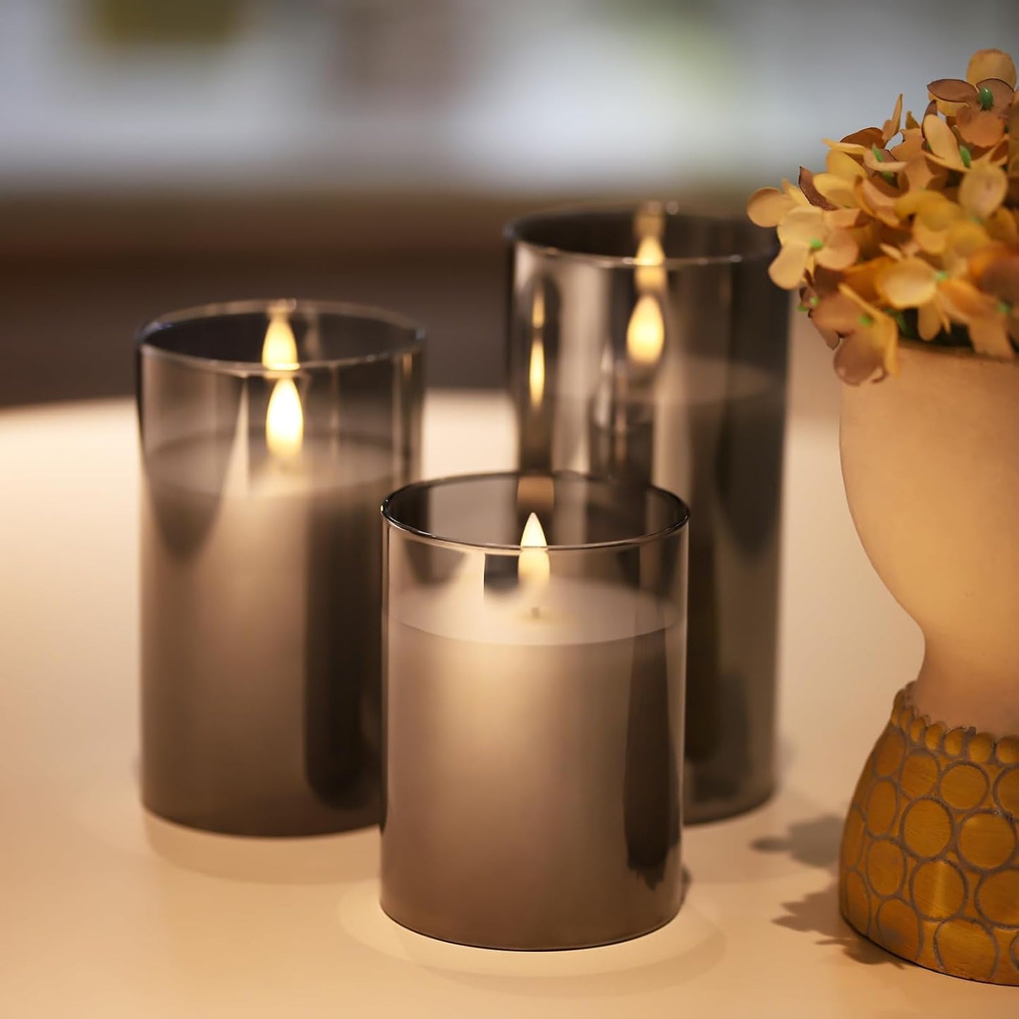 Blue Flameless Candles with Remote, Real Wax Glass Battery Operated Candles with Timer, LED Pillar Candle for Bedroom Home Wedding Birthday Party Fall Halloween Christmas Decorations, Set of 3