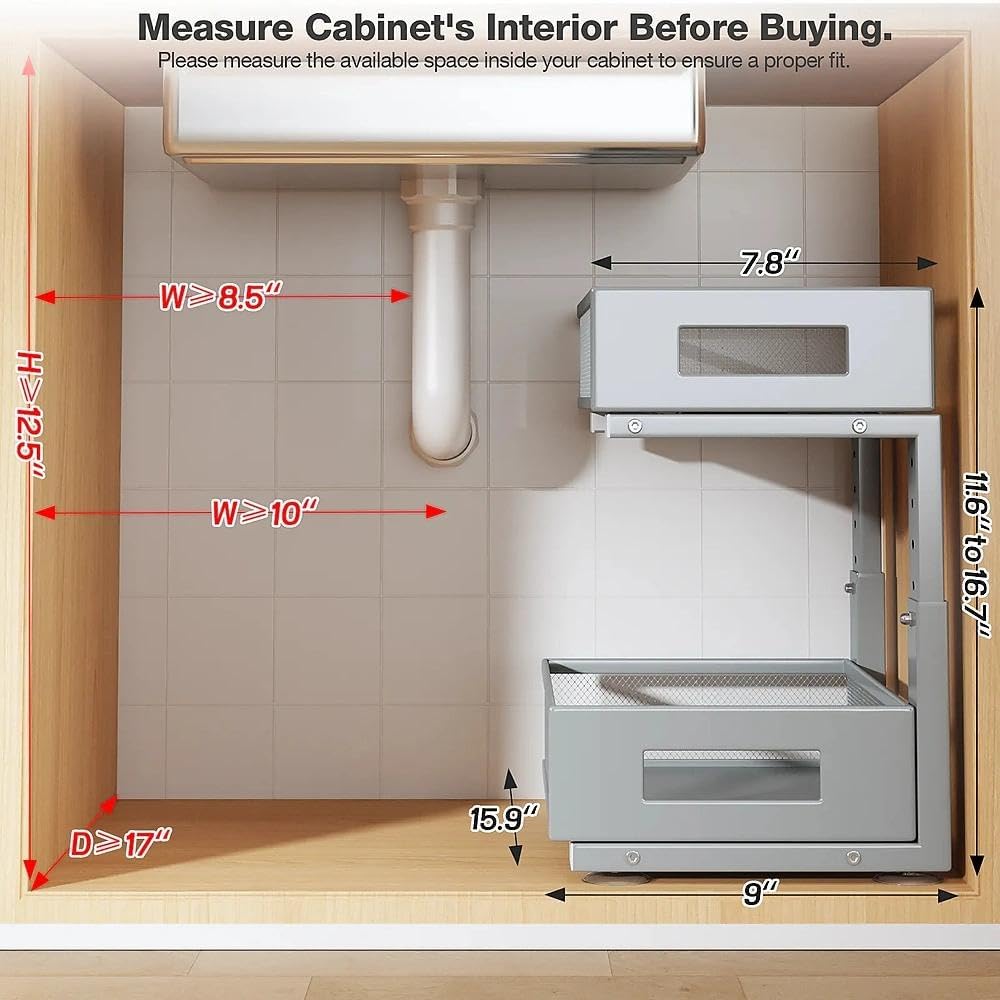 Under Sink Organizer, 2-Tier Dual Pull Out Cabinet Organizer Drawers With Smooth Circular Rail, Large Capacity Metal Mesh Sliding Shelves For Bathroom& Kitchen Storage,Height Adjustable–White,2 Packs