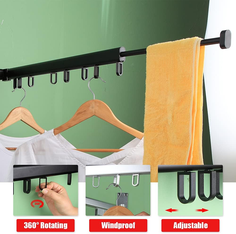 BESTHLS Wall Mounted Portable Clothes Drying Rack with Space Saver Clothes Hangers Design Universal for Balcony Mudroom Bedroom Kitchen Foldable Laundry Rack (2-Pole Black)