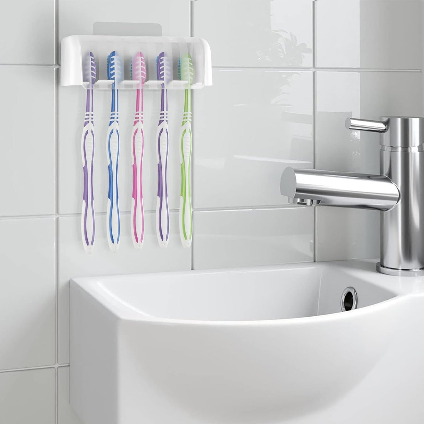 5 Slots Wall Mount Toothbrush Holder with Cover, Self Adhesive Toothbrush Storage Organizer for Shower, Toothbrush Hanger with Automatic Toothpaste Squeezer Dispenser
