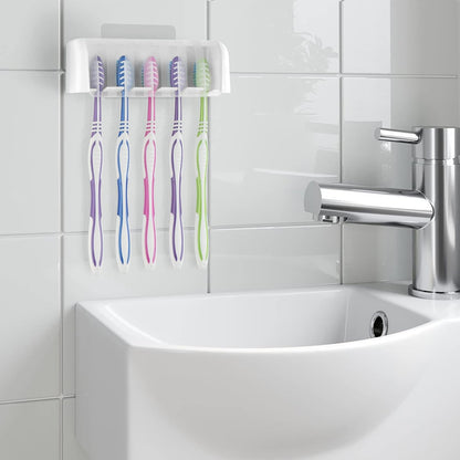 5 Slots Wall Mount Toothbrush Holder with Cover, Self Adhesive Toothbrush Storage Organizer for Shower, Toothbrush Hanger with Automatic Toothpaste Squeezer Dispenser