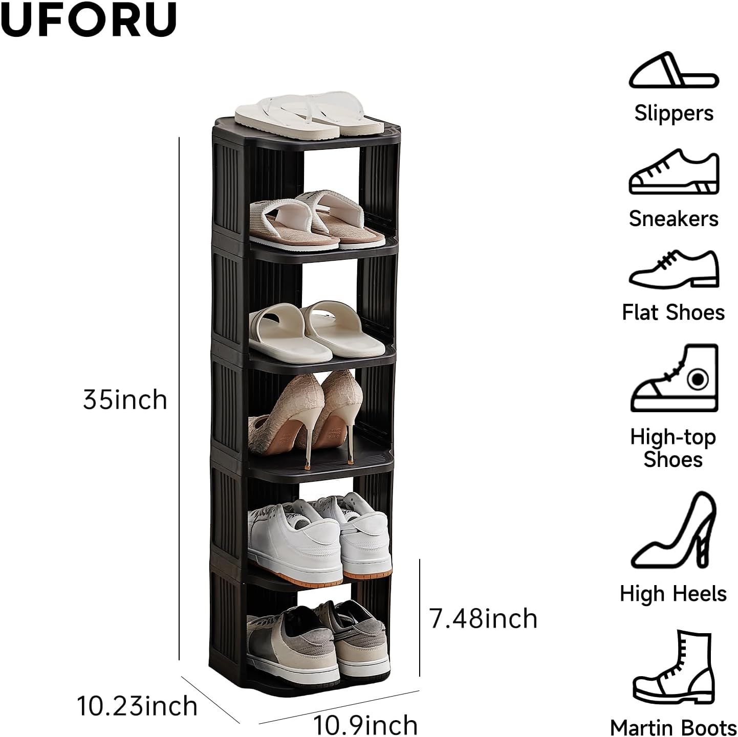 UFORU Small Shoe Rack, 5 Tier Plastic Vertical Shoe Rack for Small and Narrow Spaces, Free Standing Shoe Organizer for Closet, Entryway