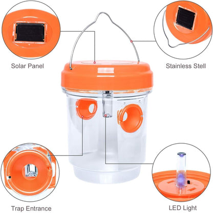 Solar Wasp Bee Trap, Outdoor Hanging LED Light Reusable Catcher for Outside | Brush Included, DIY Bait, Fits Hornet, Yellow Jacket, Wasp & Carpenter Bee, All-day Outdoor Use for Garden, Orchard & Farm
