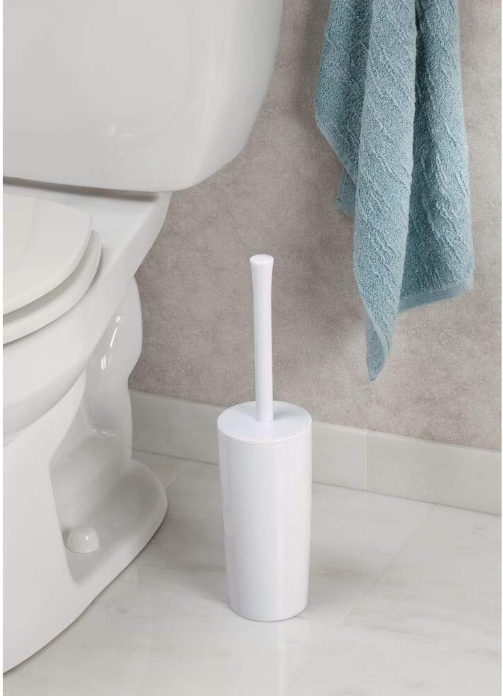 mDesign Slim Plastic Toilet Bowl Brush and Holder Set, Modern Compact Storage Organizer Cleaner Scrubber for Toilet - Heavy Duty Cleaning Plunger for Bathroom, Aura Collection - White