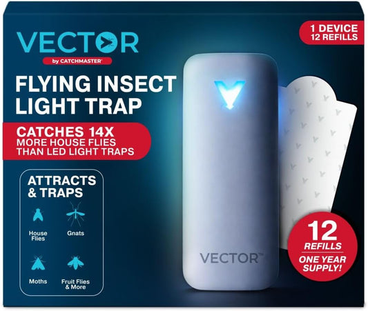 Catchmaster Vector 9 UV Light Plug in Flying Insect Trap - Silent Indoor Bug Catcher for House & Fruit Flies, Gnats & Moths - Mess-Free Easy Setup & Cleanup - with 12 Glue Trap Refills, Year Supply