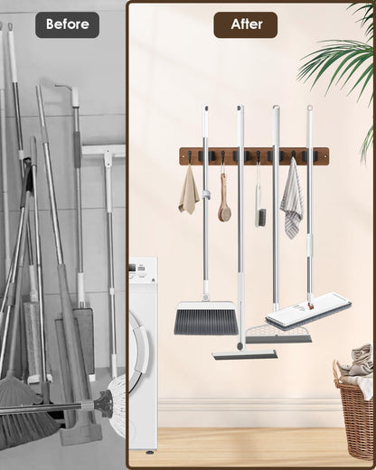 AceMining Broom Holder Wall Mounted, White 4 Holders and 4 Hooks Mop Holder, Wooden Mop and Broom Holder with Anti slip rubber, Natural pine wood Brush Holder, Mop Wall Holde with Nail installation