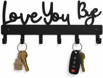 Love You Bye Sign Key Holder Hook Wall Mounted Key Holder Rack Organizer Hanger with 6 Hooks for Wall Express Love Art Decor for Entryway Front Door Kitchen Hallway Office (Love You Bye)