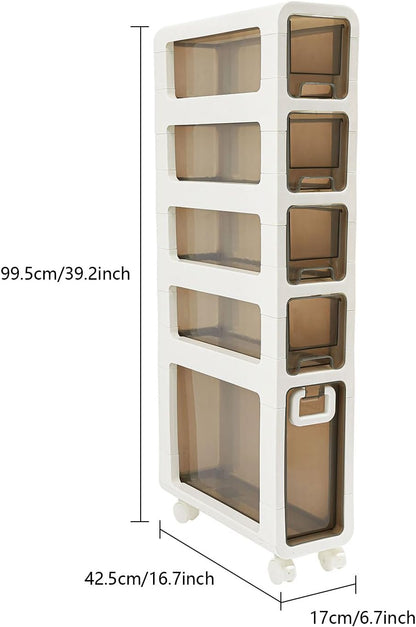 5-Tier Slim Bathroom Storage Cabinet,Narrow Floor Cabinets with Drawers and Wheels,Rolling Narrow Organizer for Small Spaces,Kitchen,Laundry,7.9”W