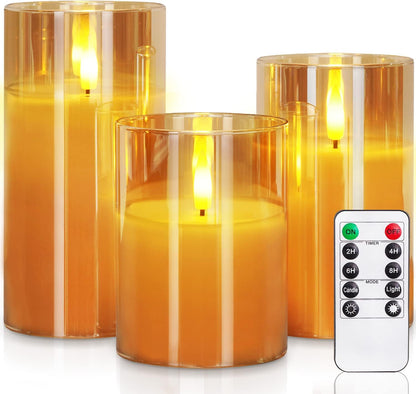 Homemory Green Glass Flameless Candles, Battery Operated LED Pillar Candles with Remote Control and Timer, Radiance Candles, Real Wax, Set of 3,D3 xH4 5" 6"