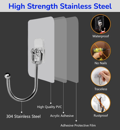 Large Adhesive Hooks, 8-Pack Sticky Hangers for Hanging Heavy Duty, Transparent Waterproof Oil-Proof and Rustproof, Towel and Coats Hooks for Bathroom,Kitchen Home and Office