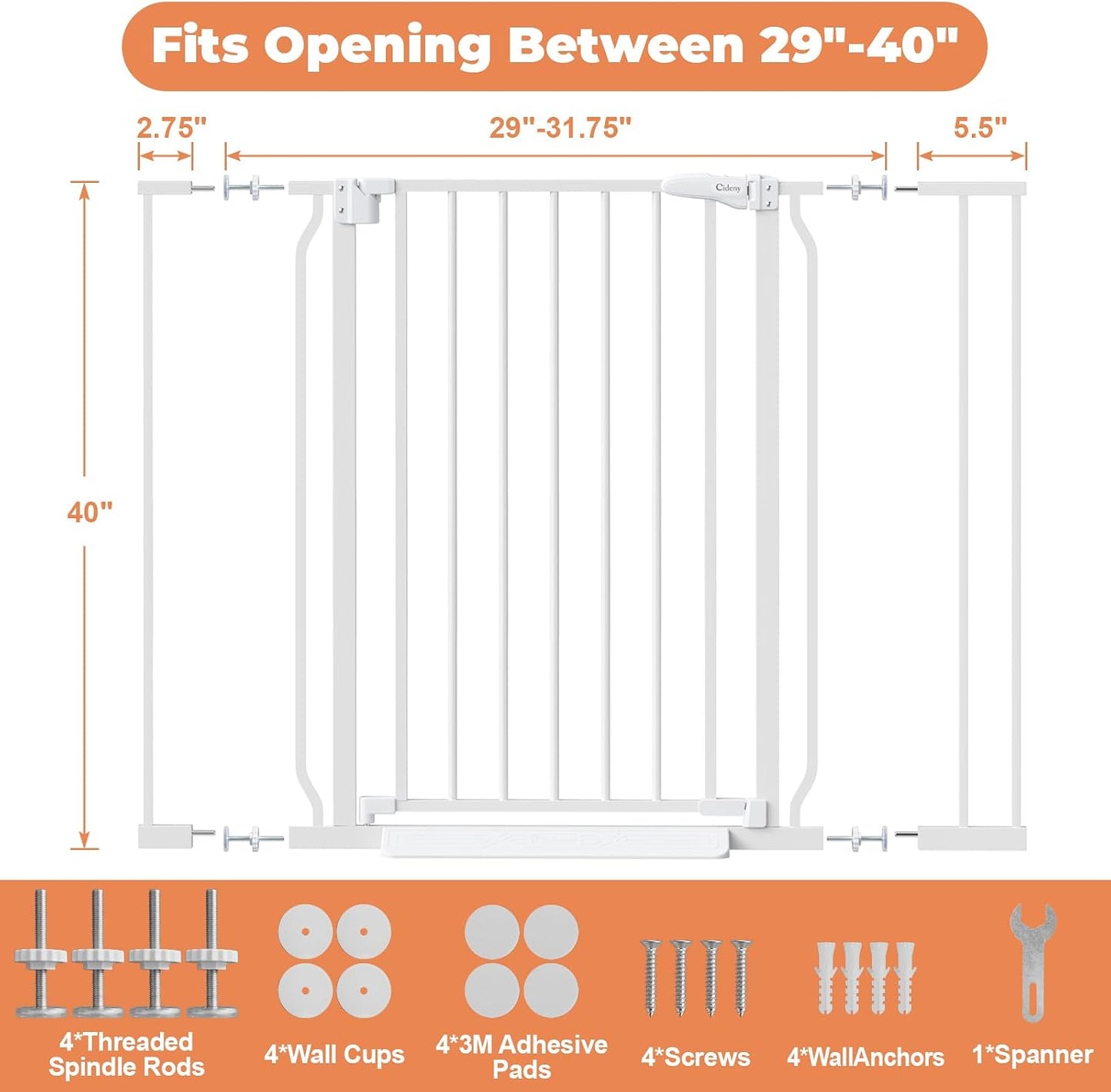 Baby Gate No Drilling, 29"-40" Auto Close Dog Gate Indoor for Doorways & Stairs, Pressure Mounted Adjustable Pet Gate, Easy Walk Through Child Gate for Children & Pets Stroller Friendly, White