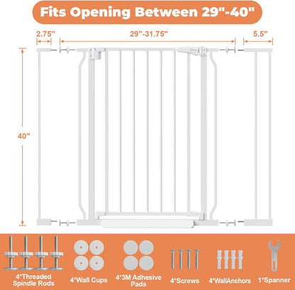 Baby Gate No Drilling, 29"-40" Auto Close Dog Gate Indoor for Doorways & Stairs, Pressure Mounted Adjustable Pet Gate, Easy Walk Through Child Gate for Children & Pets Stroller Friendly, White