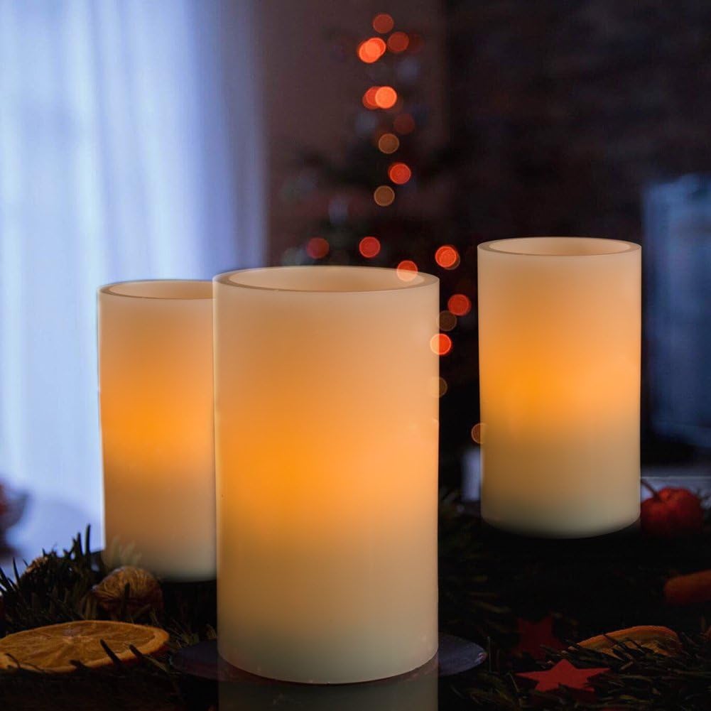 Homemory 9" x 3" Flameless Candles Battery Operated, Flickering LED Pillar Candles with Timers and 2 Remote Controls, Indoor Only, Flat Top, Ivory White Wax, Set of 2