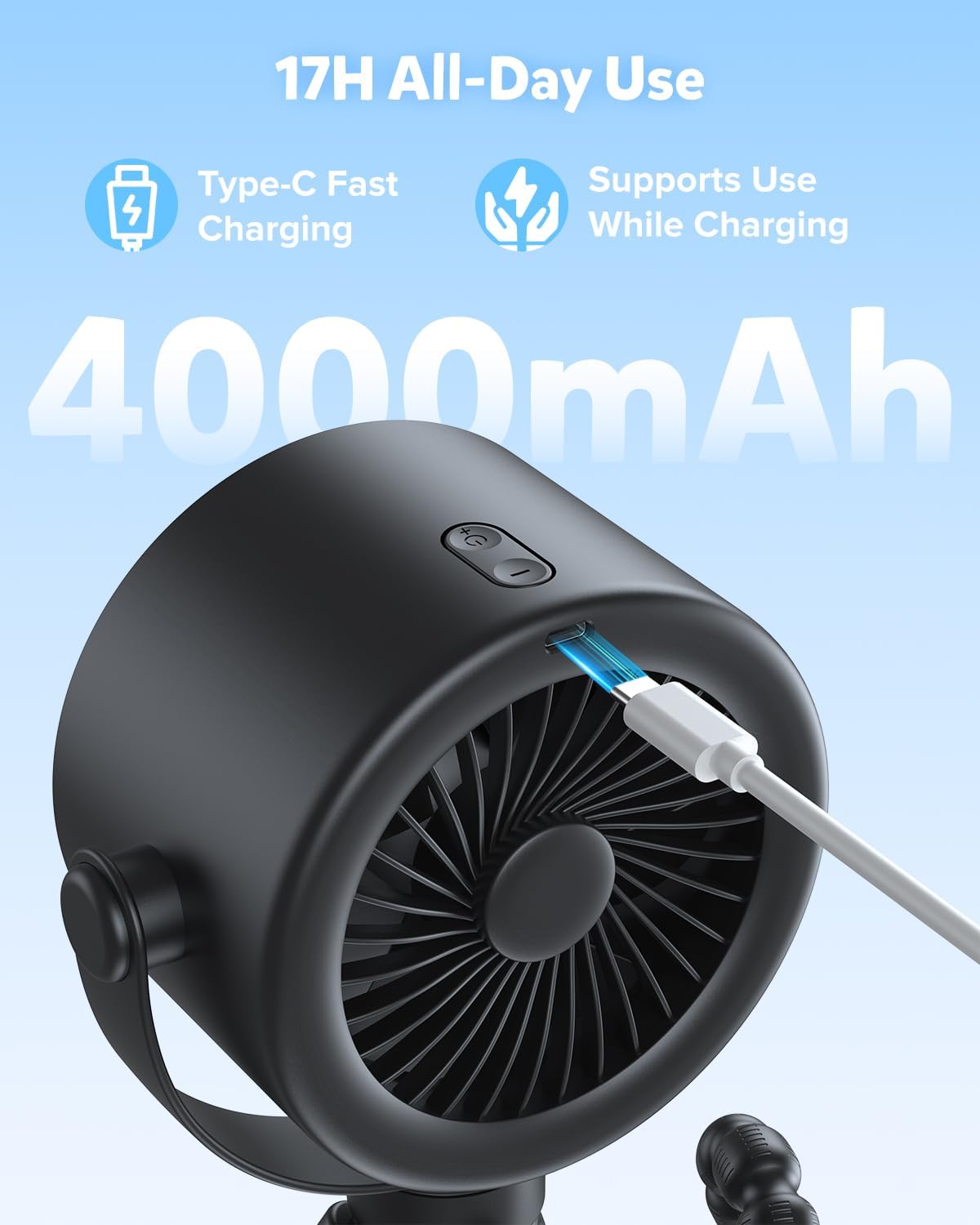 AMACOOL Baby Stroller Fan, Rechargeable Portable Clip on Fan, 17H Cooling with 5 Speeds, LED Display, 360°Rotate Personal Cooling Fans for Car Seat, Crib, Travel, Camping, Gifts for New Parents