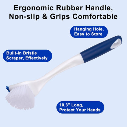 ITTAR Kitchen Dish Brush with Long Non-Slip Handle, 2-in-1 Kitchen Scraper & Brush, Heavy-Duty Non-Scratch Scrub Brush for Sink, Pots, Pans, Burnt Food Grease Stove Sink Cleaning-White & Blue