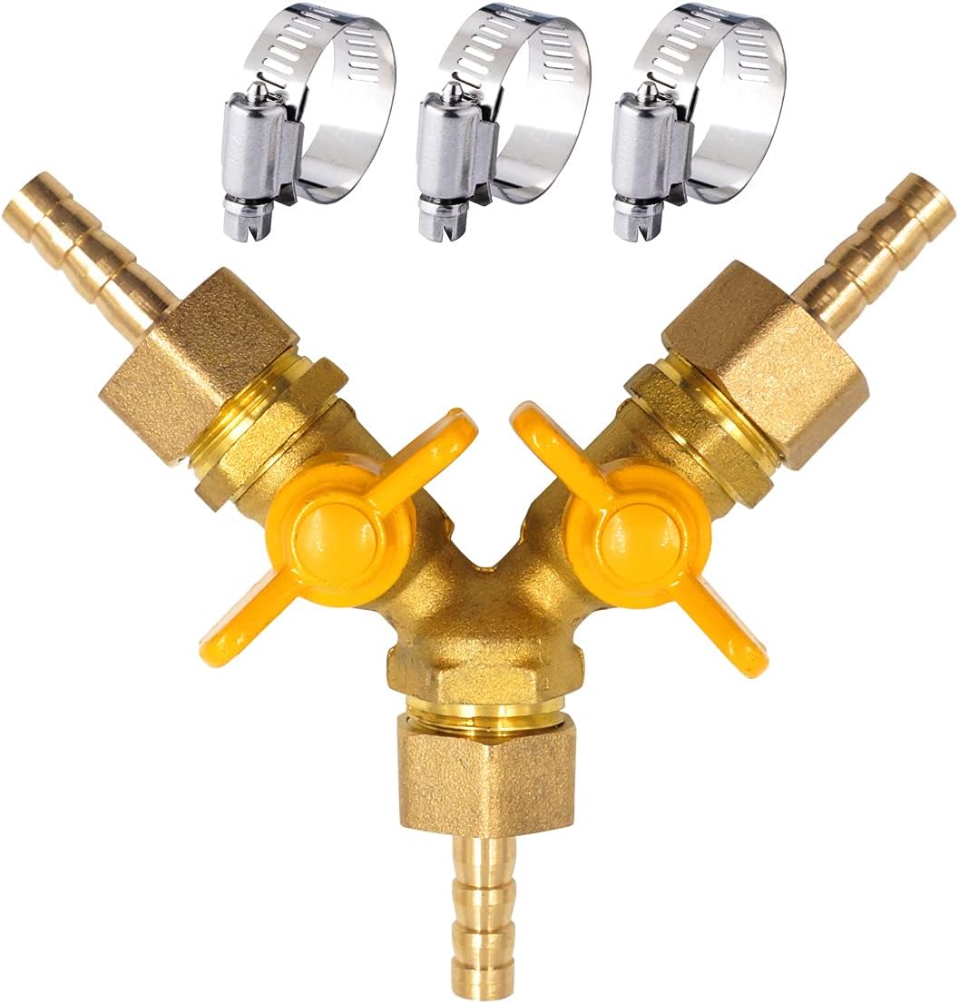 brass 3/4 inch O.D. barb three way shut off ball valve for gas hose air water pvc pex garden tubing fuel line, tee switch splitter fitting
