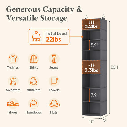 Lifewit 5 Tier Hanging Closet Organizer and Storage for Shelves, Foldable Clothes Shelf with 2 Sturdy Hooks, Sweater/Coat/Shoes Clothing Organization for Wardrobe, Dorm, Bedroom, Gray