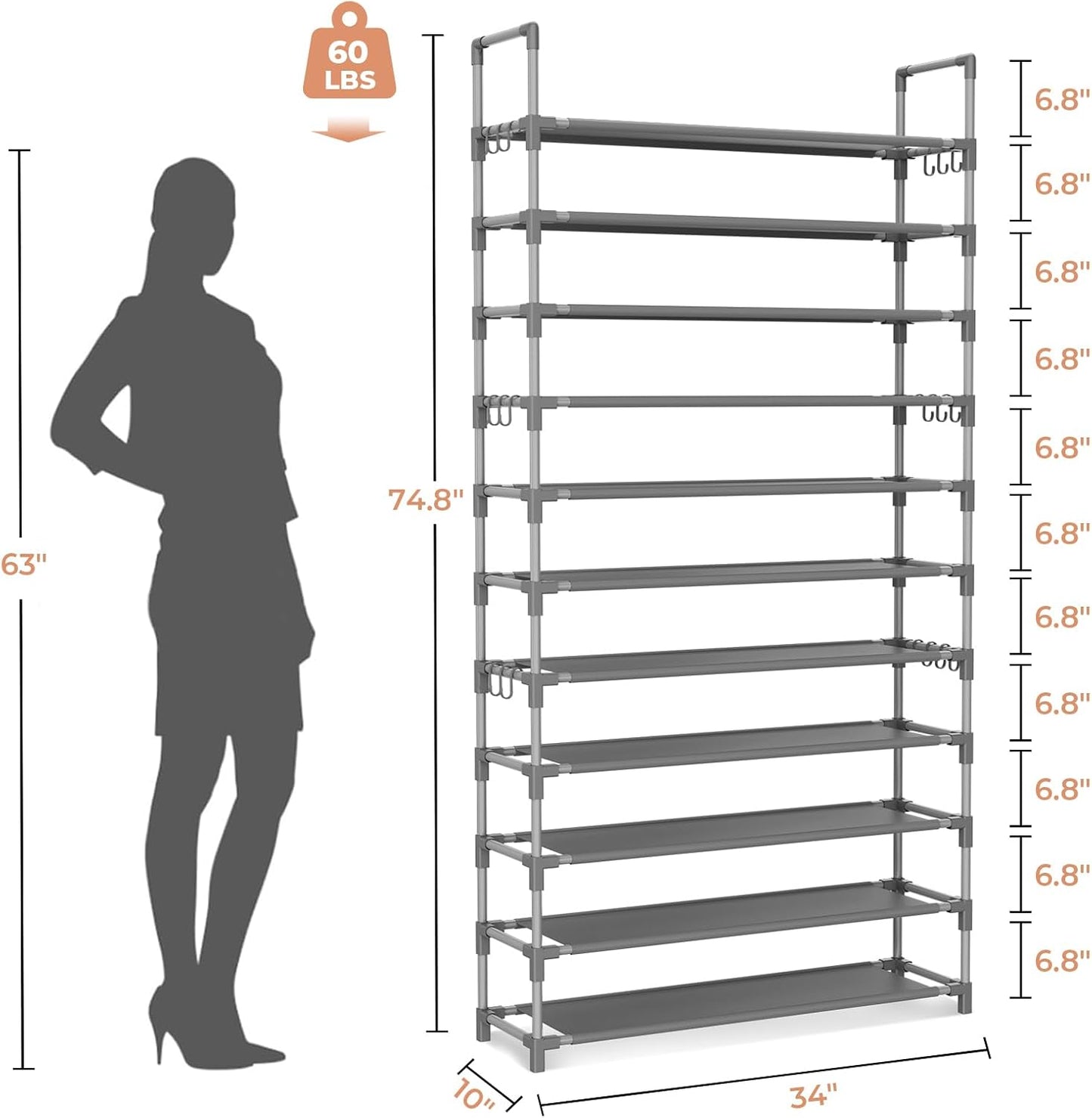 LANTEFUL 10 Tiers Shoe Rack 50 Pairs Large Capacity Tall Shoe Organizer Sturdy Shoe Storage with Two Hooks Space Saving Metal Wide Shoe Rack for Closet, Entryway, Bedroom, Black