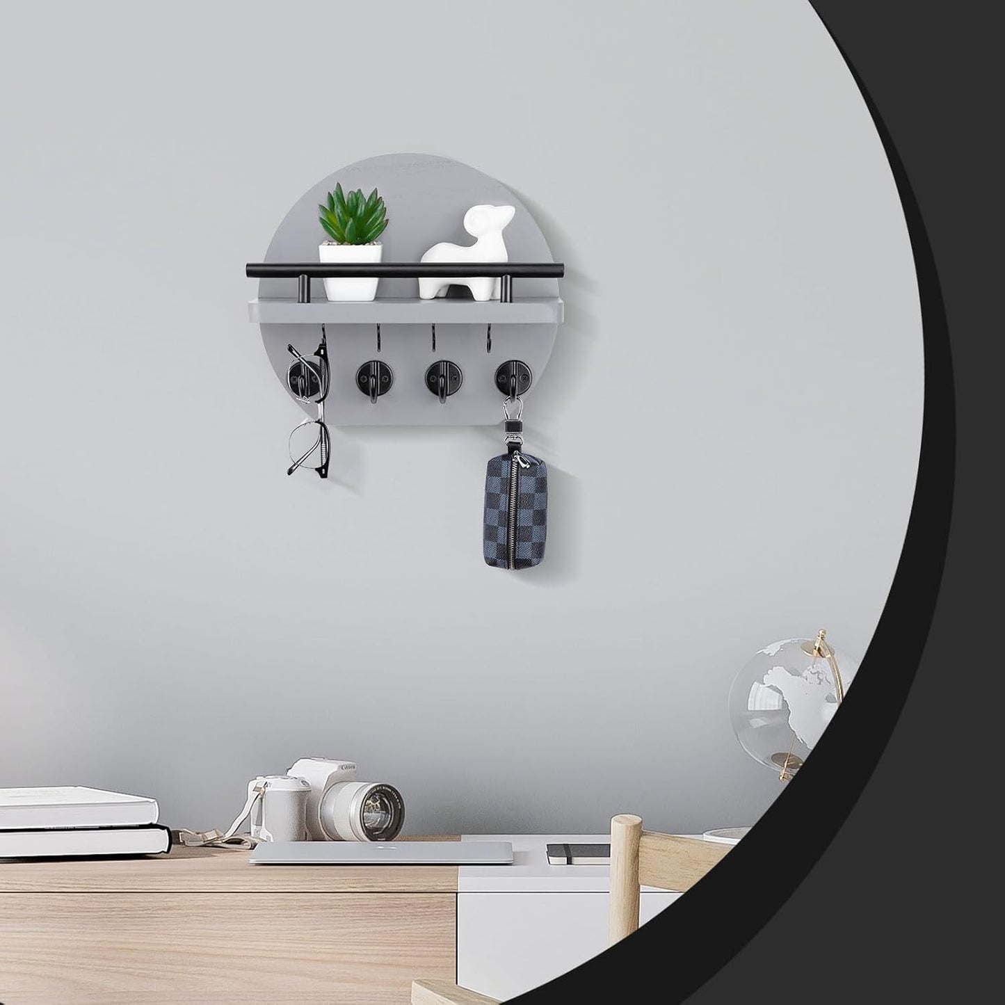 Nekon Key Holder for Wall - 9.8 Inch Apartment Wall Decor with Shelf and 8 Key Hooks, Circular Wood Key Hanger for Home Decor (Black with Golden Hooks)