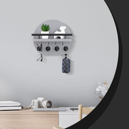 Nekon Key Holder for Wall - 9.8 Inch Apartment Wall Decor with Shelf and 8 Key Hooks, Circular Wood Key Hanger for Home Decor (Black with Golden Hooks)