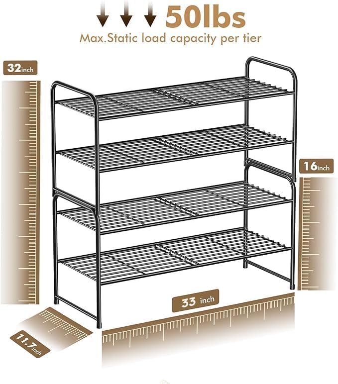 SUFAUY 2 Tier 33" Wide Shoe Rack, Closet Metal Wire, Stackable, Pink