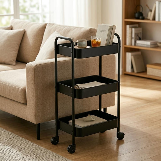 3-Tier Metal Rolling Cart with Smooth Casters, Lightweight Storage Utility Cart Mobile Organizer Rack, Multi-Purpose Basket Shelf for Kitchen, Bathroom, Closet, Pantry-Black